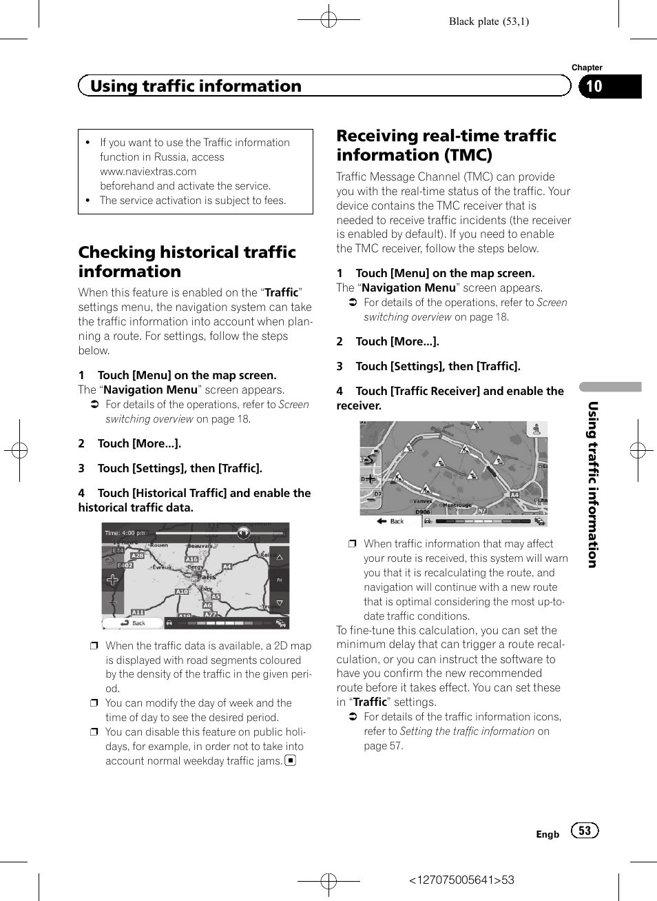 Receiving real-time traffic information, Tmc), Checking historical traffic information | Receiving real-time traffic information (tmc), Using traffic information | Pioneer AVIC-F160 User Manual | Page 53 / 76