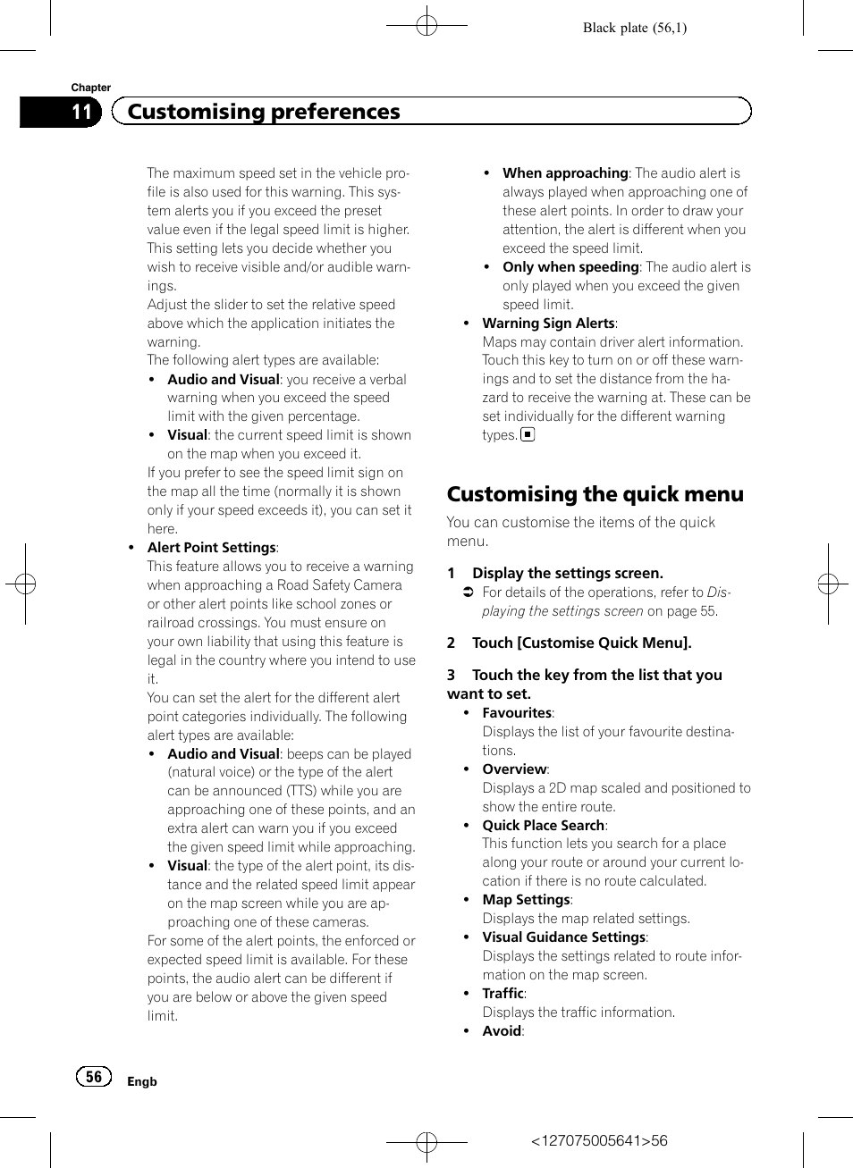 Customising the quick menu, Customising the quick, 11 customising preferences | Pioneer AVIC-F160 User Manual | Page 56 / 76