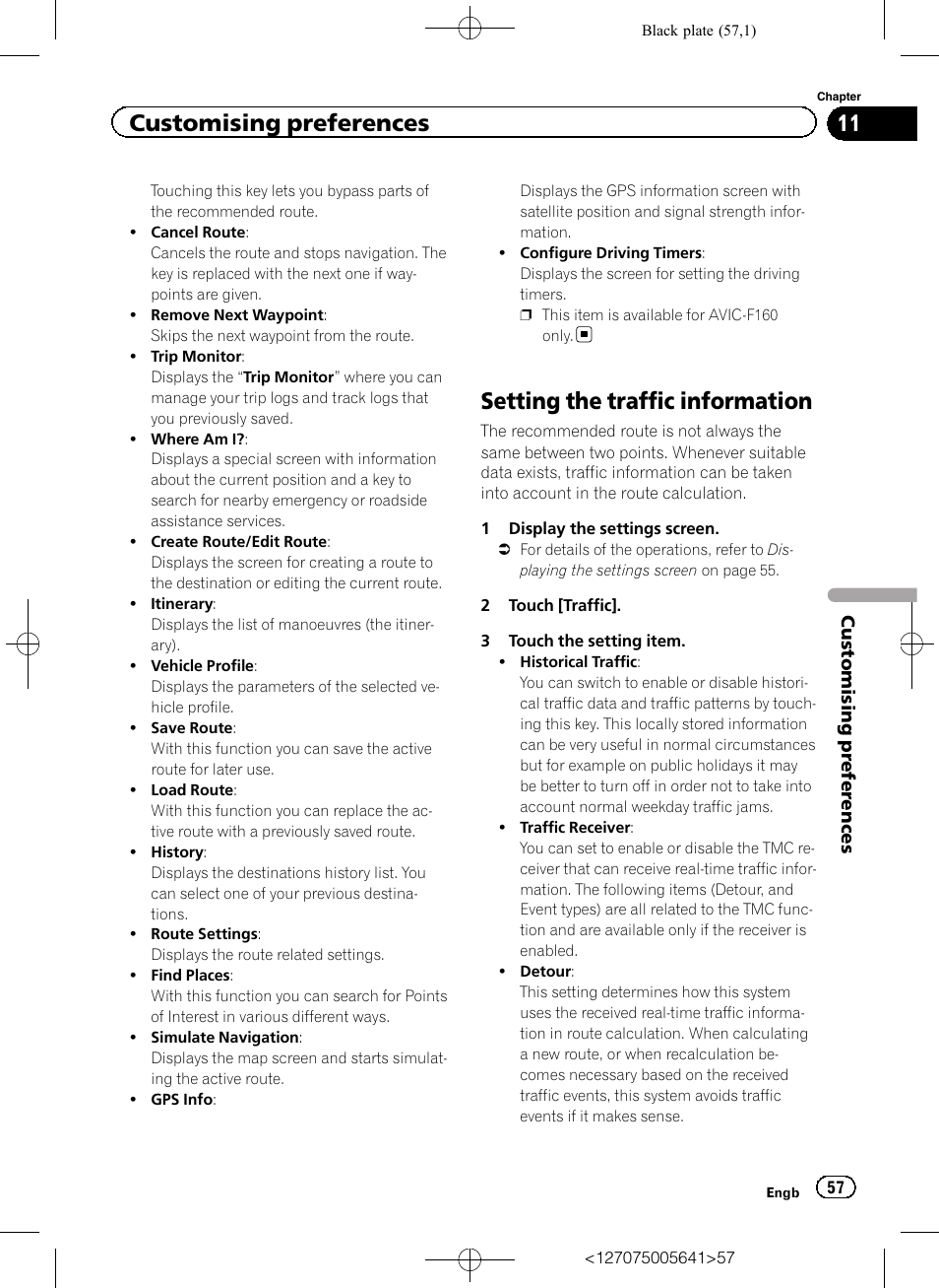 Setting the traffic information, Customising preferences | Pioneer AVIC-F160 User Manual | Page 57 / 76