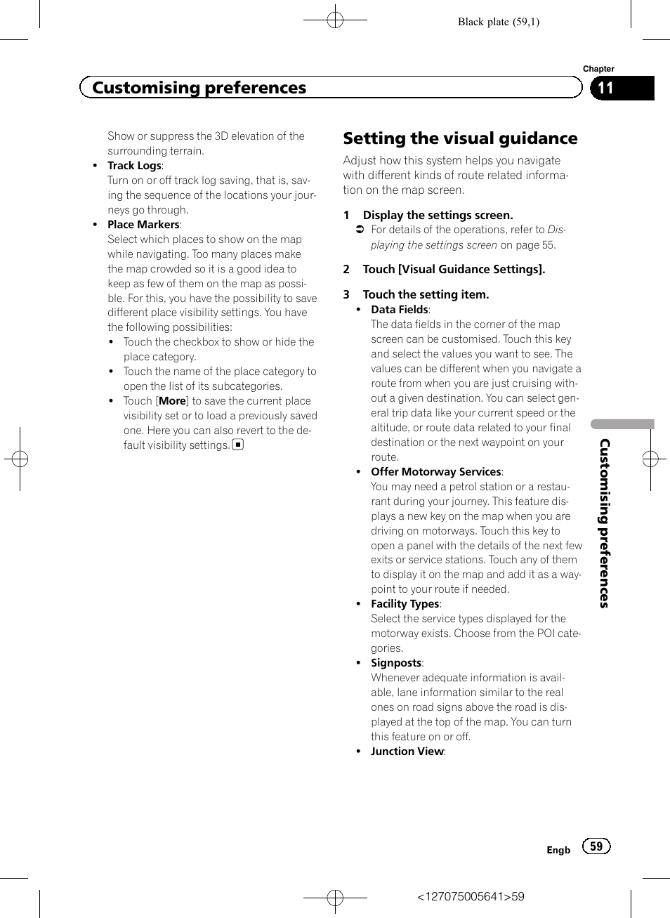 Setting the visual guidance, Setting the visual gui, Customising preferences | Pioneer AVIC-F160 User Manual | Page 59 / 76