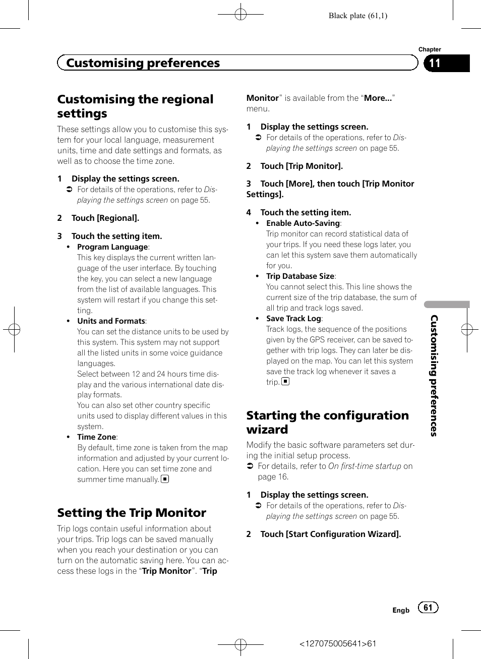 Customising the regional settings, Setting the trip monitor, Starting the configuration wizard | Customising the regional, Starting the configuration, Customising preferences | Pioneer AVIC-F160 User Manual | Page 61 / 76