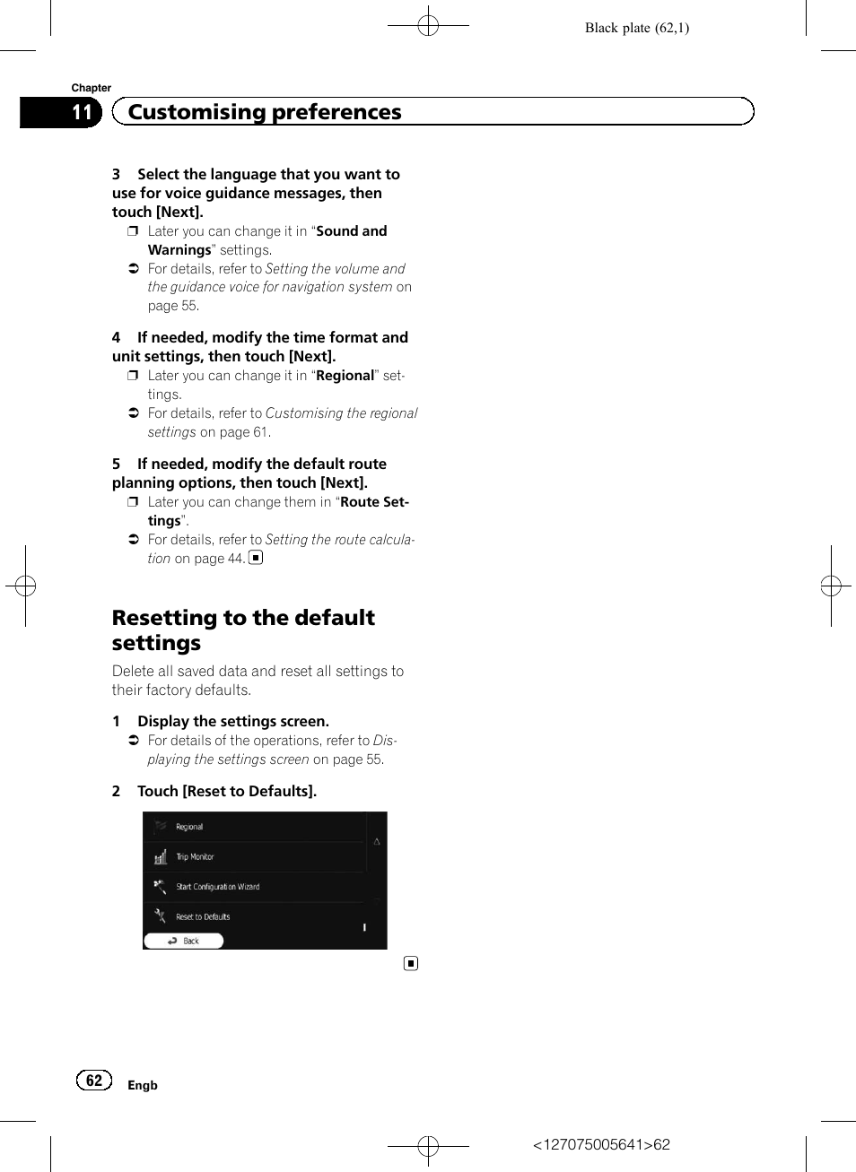 Resetting to the default settings, 11 customising preferences | Pioneer AVIC-F160 User Manual | Page 62 / 76