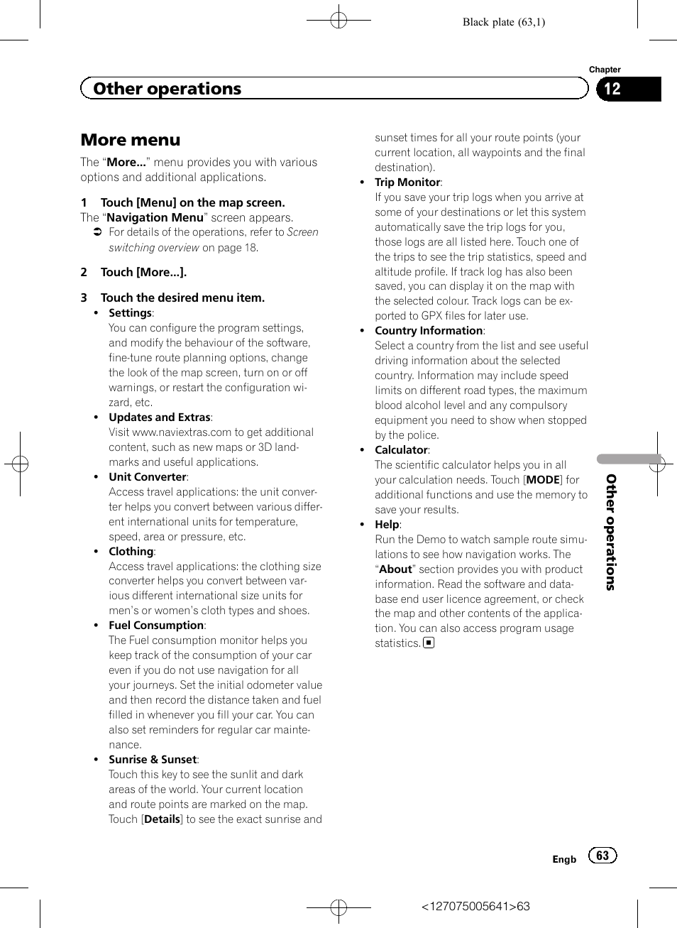 Other operations more menu, More menu, Other operations | Pioneer AVIC-F160 User Manual | Page 63 / 76