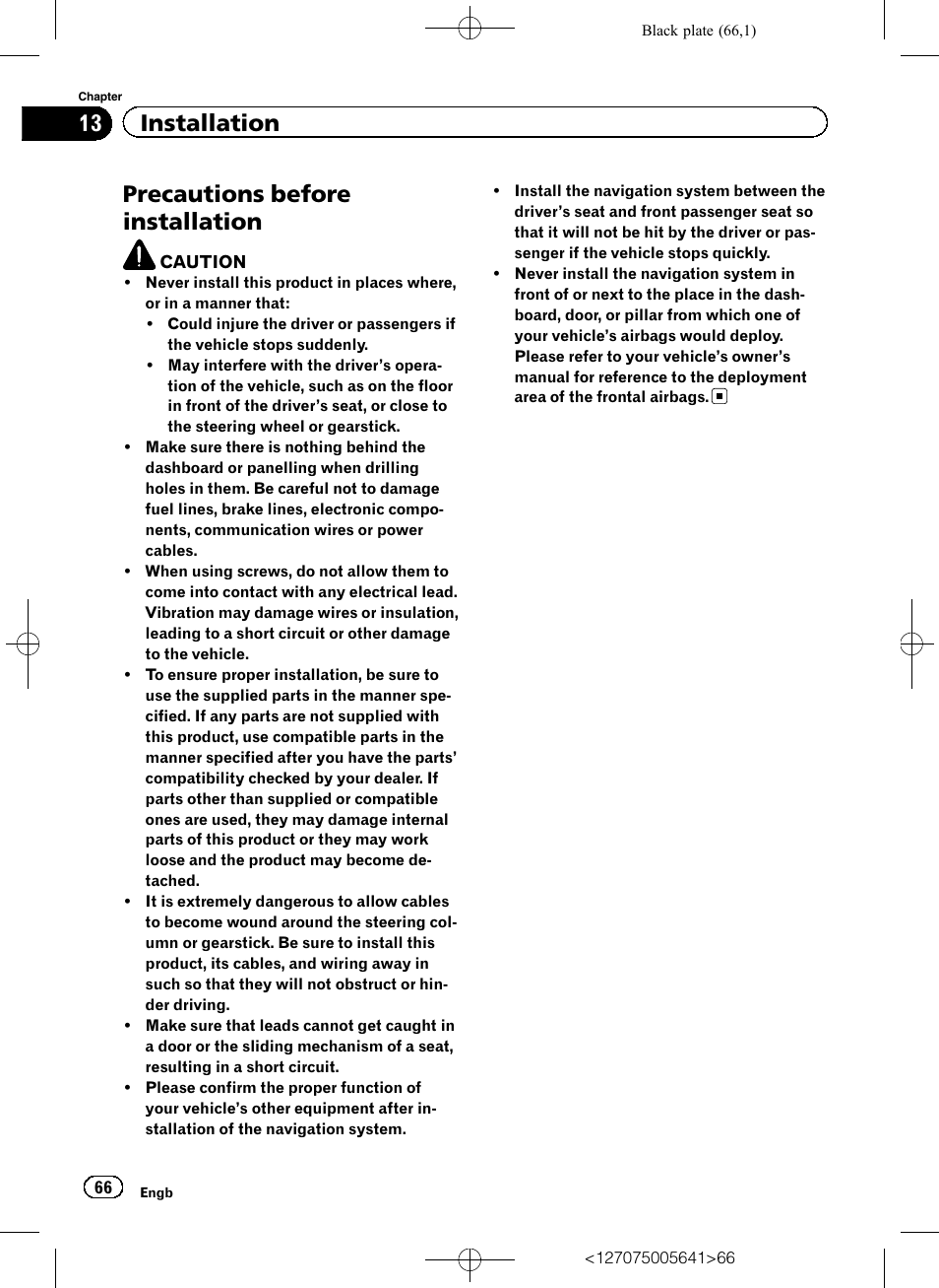 Precautions before installation, 13 installation | Pioneer AVIC-F160 User Manual | Page 66 / 76