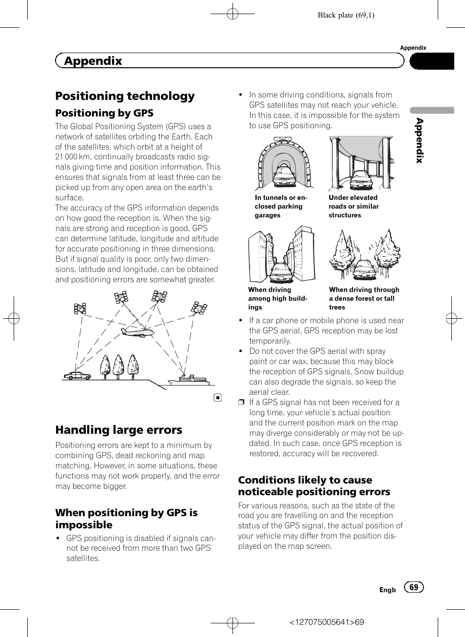 Appendix positioning technology, Positioning by gps 69, Handling large errors | When positioning by gps is, Impossible, Conditions likely to cause noticeable, Positioning errors, Positioning technology, Appendix, Positioning by gps | Pioneer AVIC-F160 User Manual | Page 69 / 76