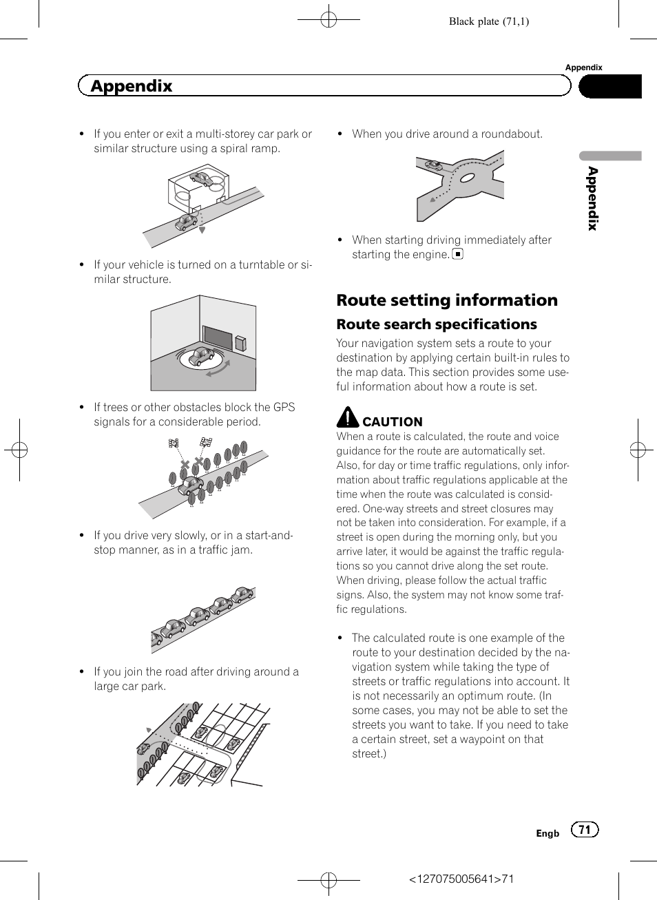 Route setting information, Route search specifications 71, Appendix | Route search specifications | Pioneer AVIC-F160 User Manual | Page 71 / 76