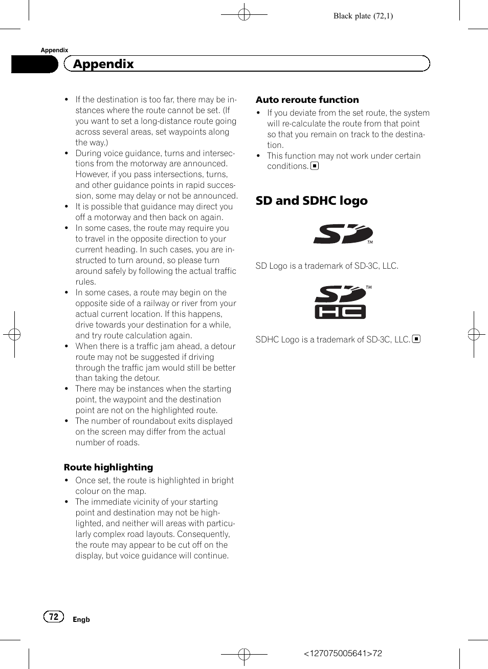 Sd and sdhc logo, Appendix | Pioneer AVIC-F160 User Manual | Page 72 / 76