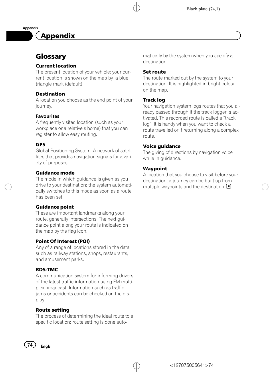 Glossary, Appendix | Pioneer AVIC-F160 User Manual | Page 74 / 76