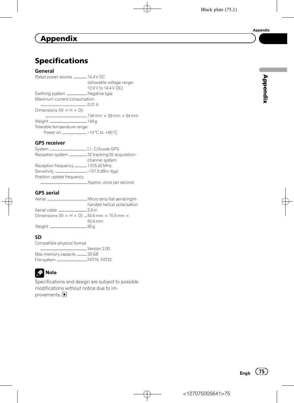 Specifications, Appendix | Pioneer AVIC-F160 User Manual | Page 75 / 76