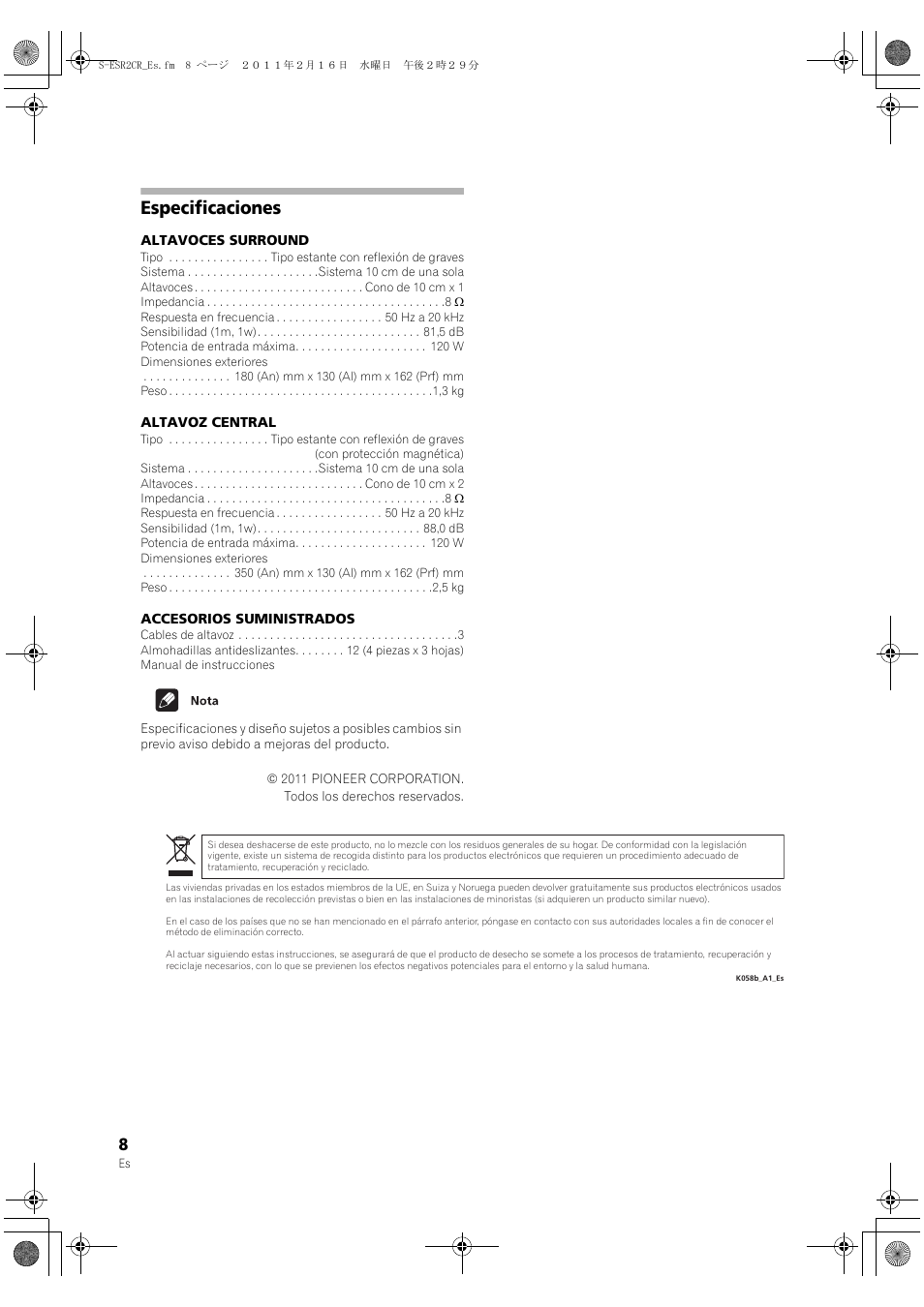 Especificaciones | Pioneer S-ESR2TB User Manual | Page 8 / 16