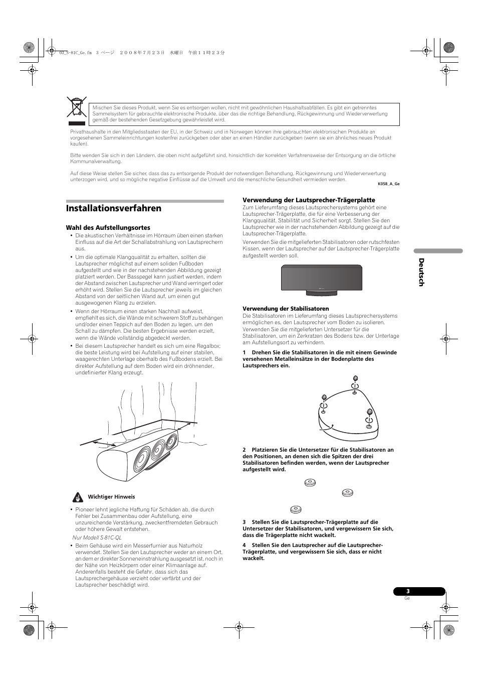 Installationsverfahren | Pioneer S-81C-QL User Manual | Page 11 / 56