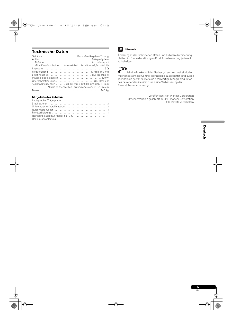 Technische daten | Pioneer S-81C-QL User Manual | Page 13 / 56