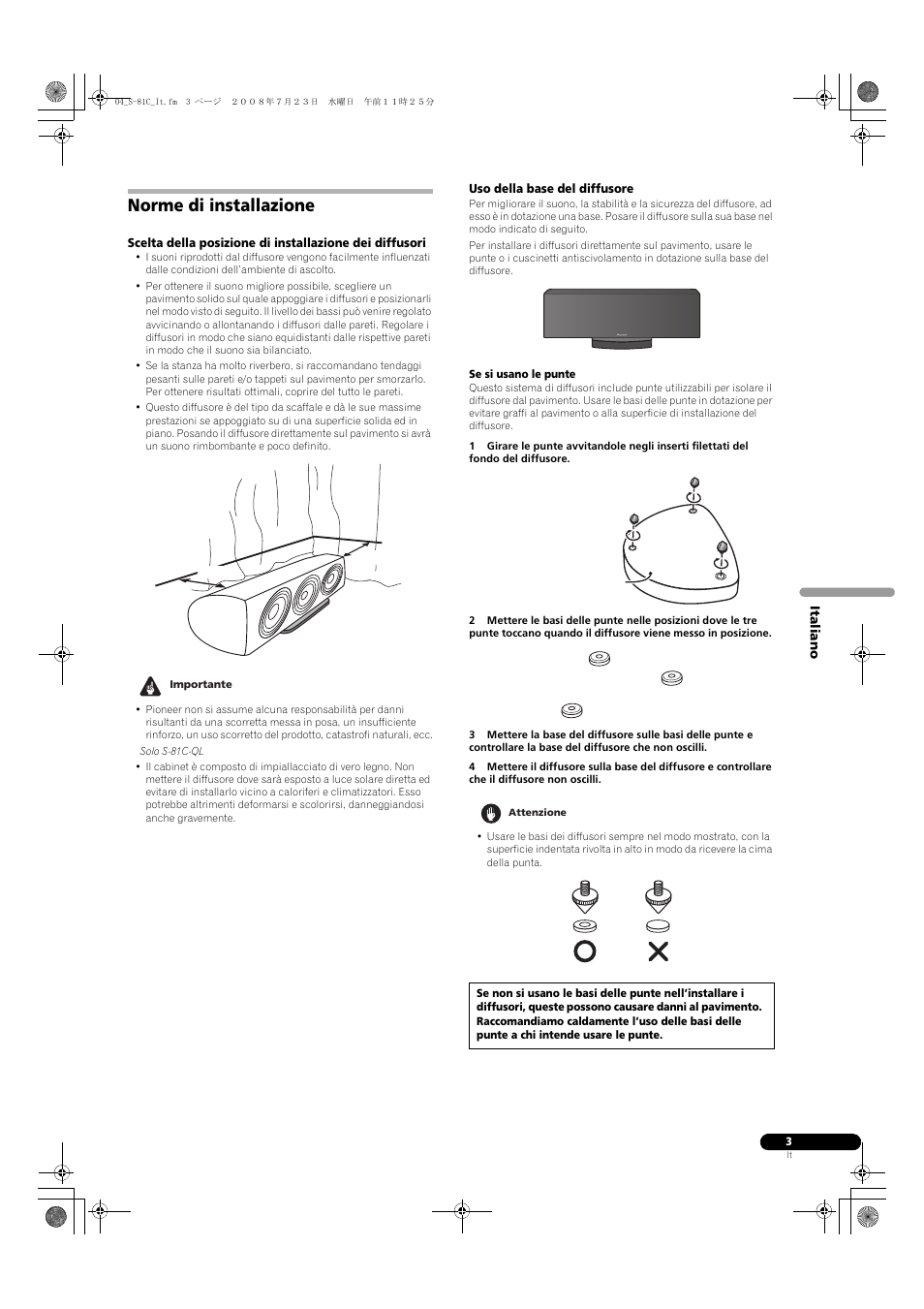 Norme di installazione | Pioneer S-81C-QL User Manual | Page 15 / 56