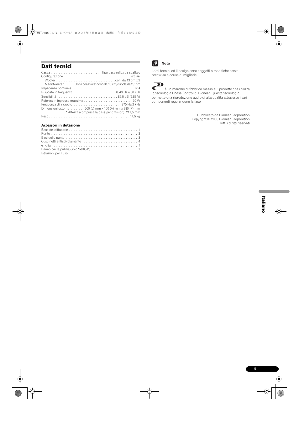 Dati tecnici | Pioneer S-81C-QL User Manual | Page 17 / 56