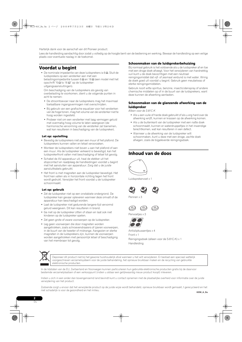 Voordat u begint, Inhoud van de doos | Pioneer S-81C-QL User Manual | Page 18 / 56