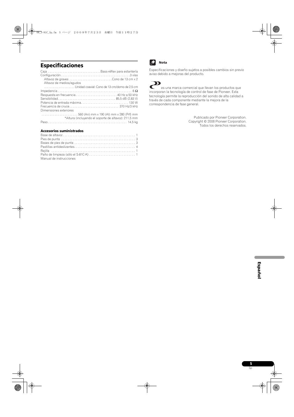 Especificaciones | Pioneer S-81C-QL User Manual | Page 25 / 56