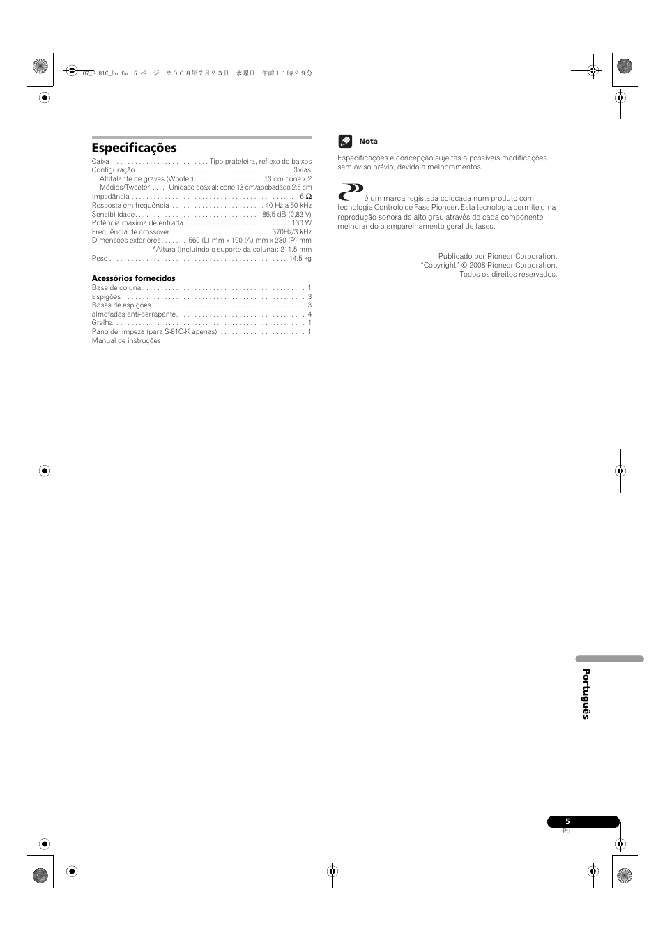 Especificações | Pioneer S-81C-QL User Manual | Page 29 / 56