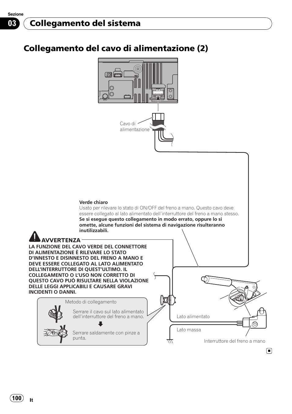 Collegamento del cavo di alimentazione, Collegamento del cavo di alimentazione (2), Collegamento del sistema | Pioneer AVIC-F310BT User Manual | Page 100 / 134