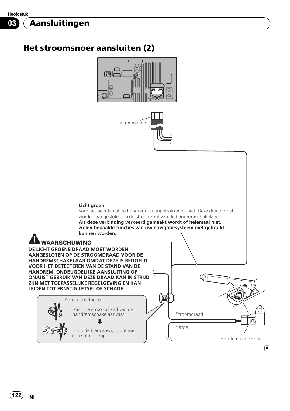 Het stroomsnoer aansluiten (2), Aansluitingen | Pioneer AVIC-F310BT User Manual | Page 122 / 134