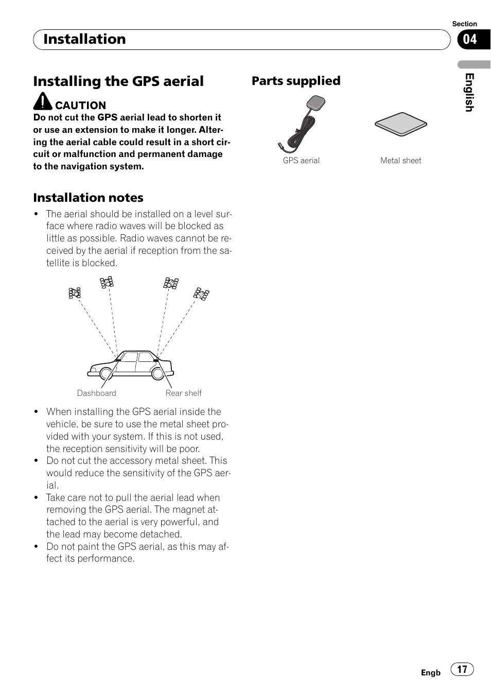 Installing the gps aerial, Installation notes 17, Parts supplied 17 | Installation, Parts supplied | Pioneer AVIC-F310BT User Manual | Page 17 / 134