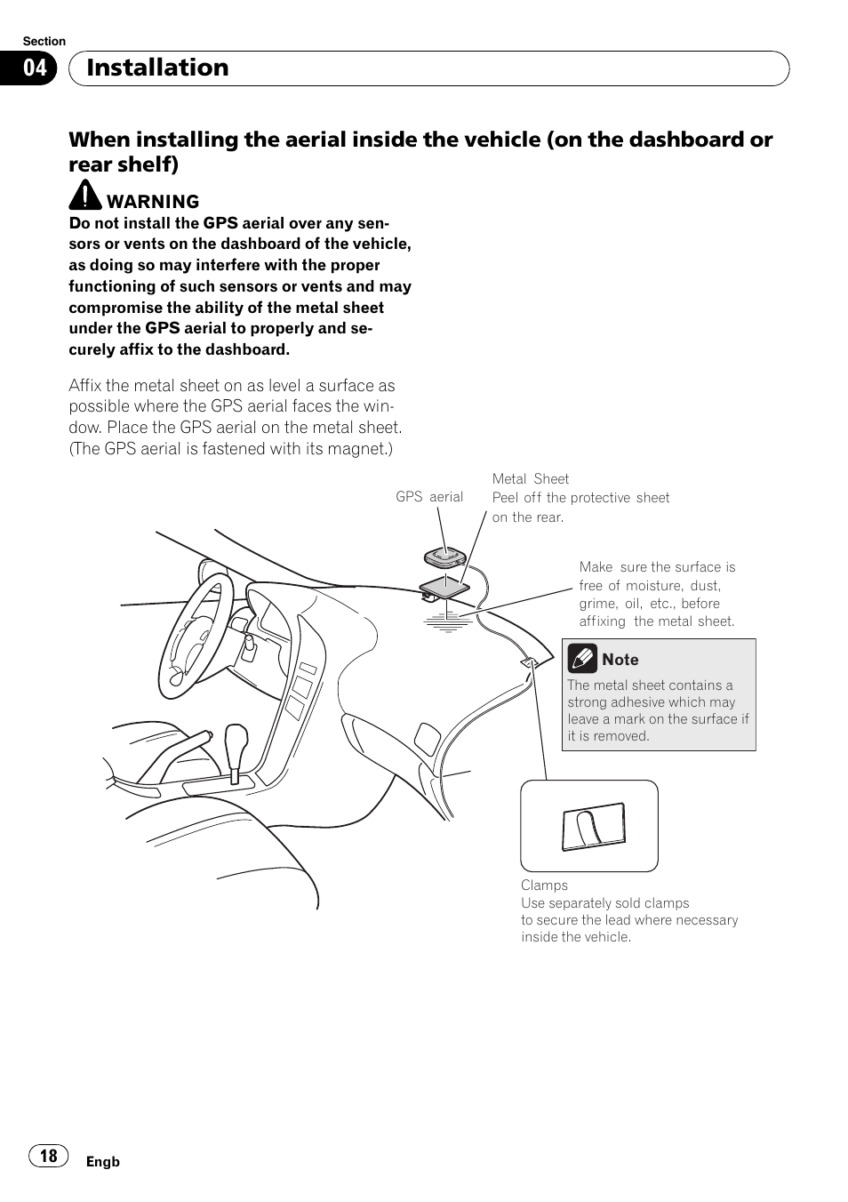 When installing the aerial inside the, Vehicle (on the dashboard or rear shelf), Installation | Pioneer AVIC-F310BT User Manual | Page 18 / 134