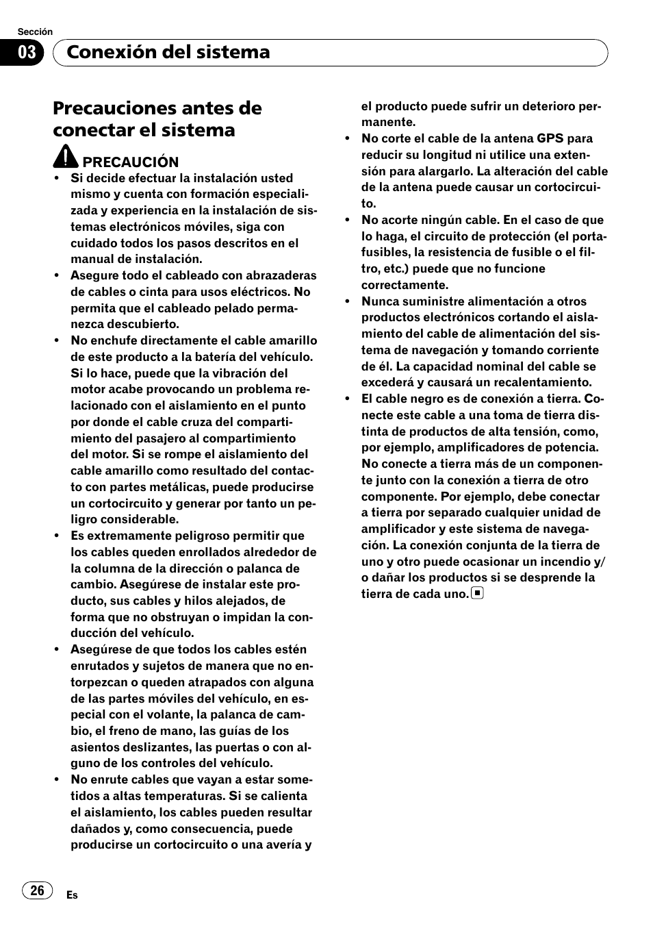 Sistema, Precauciones antes de conectar el sistema, Conexión del sistema | Pioneer AVIC-F310BT User Manual | Page 26 / 134