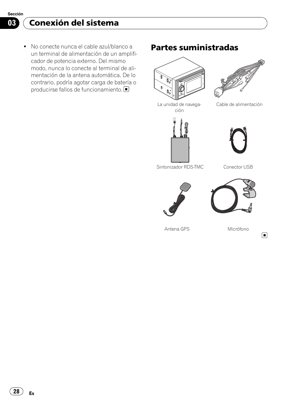 Partes suministradas, Conexión del sistema | Pioneer AVIC-F310BT User Manual | Page 28 / 134