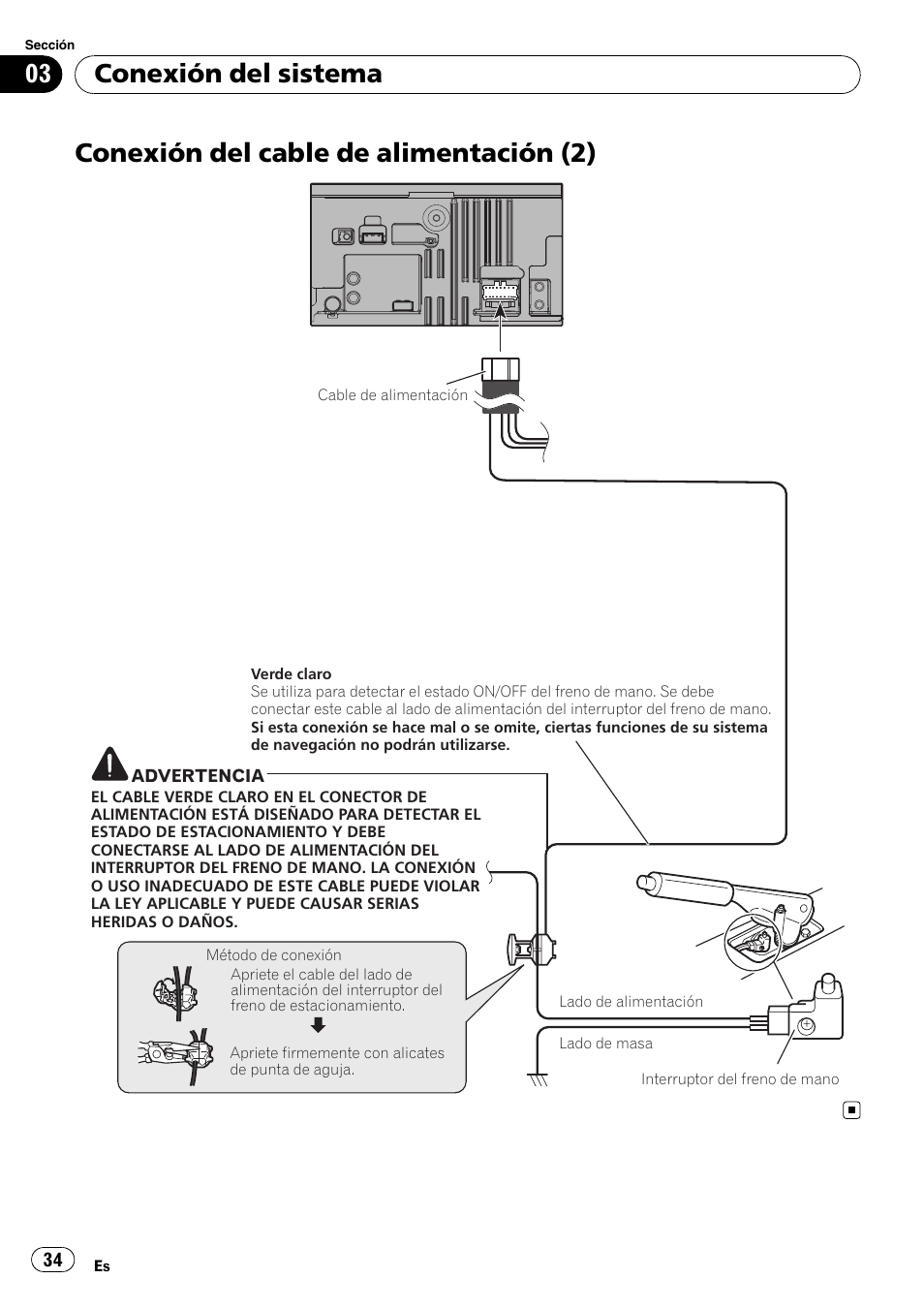 Conexión del cable de alimentación (2), Conexión del sistema | Pioneer AVIC-F310BT User Manual | Page 34 / 134