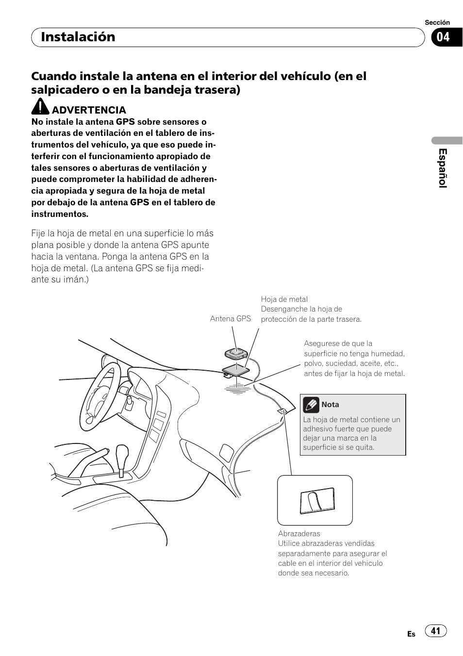 Cuando instale la antena en el interior, Instalación | Pioneer AVIC-F310BT User Manual | Page 41 / 134