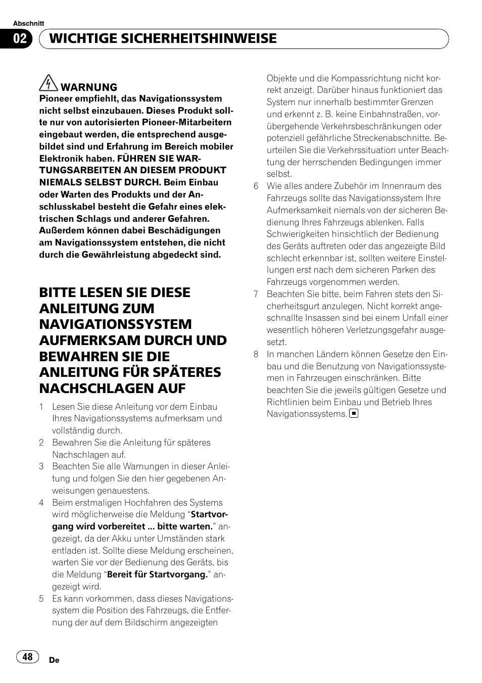 Wichtige sicherheitshinweise | Pioneer AVIC-F310BT User Manual | Page 48 / 134