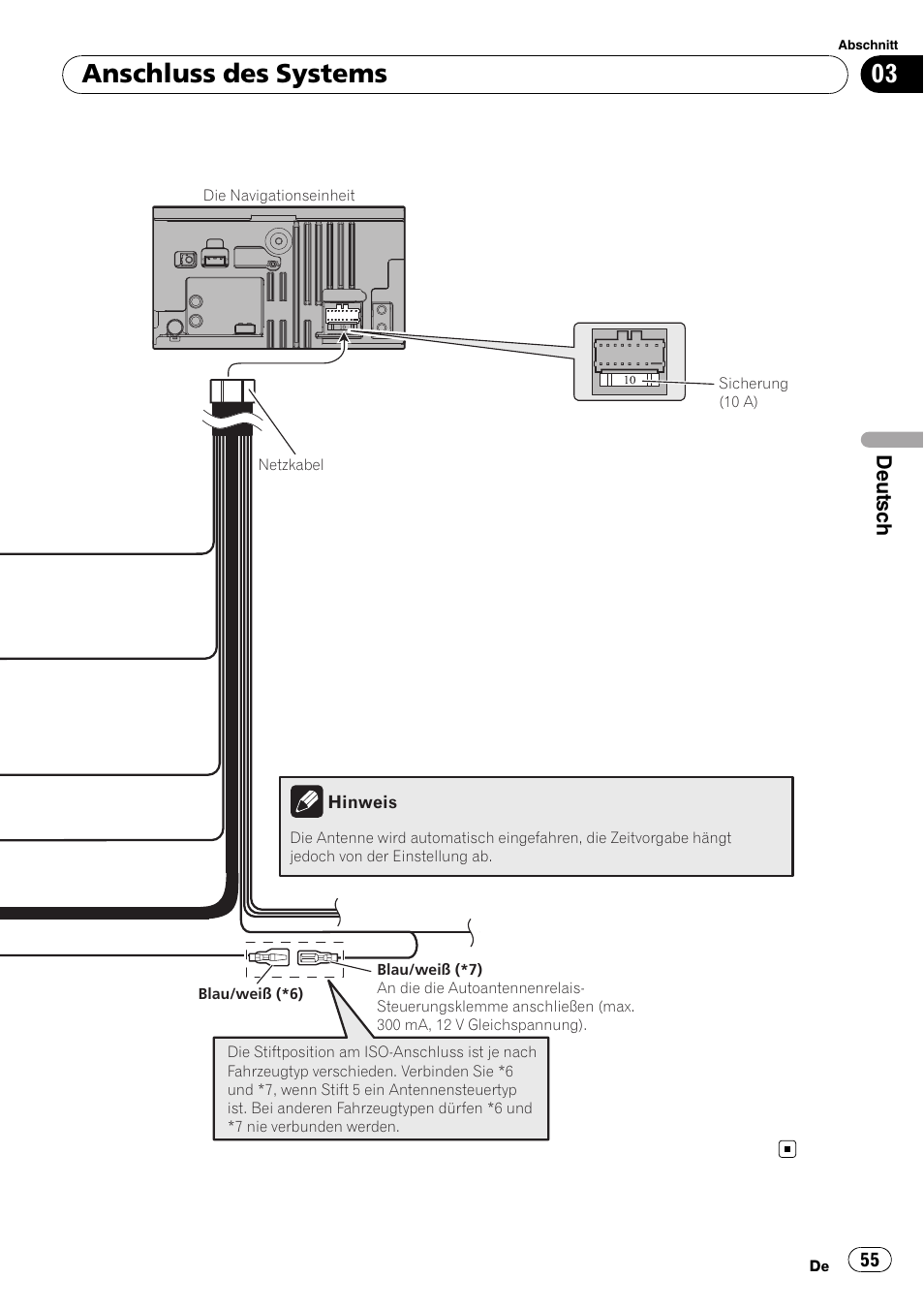 Anschluss des systems | Pioneer AVIC-F310BT User Manual | Page 55 / 134