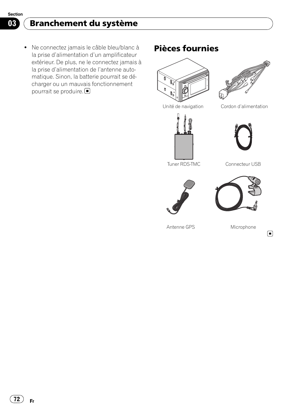Pièces fournies, Branchement du système | Pioneer AVIC-F310BT User Manual | Page 72 / 134