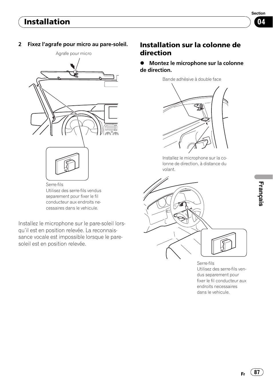 Installation sur la colonne de, Direction, Installation | Installation sur la colonne de direction | Pioneer AVIC-F310BT User Manual | Page 87 / 134