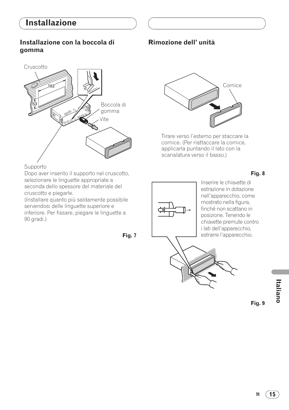 Installazione con la boccola di, Gomma 15, Rimozione dell’ unità 15 | Installazione | Pioneer ANH-P9R-BK User Manual | Page 119 / 160