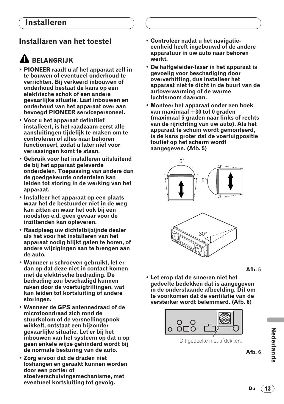 Installeren, Installaren van het toestel 13, Installaren van het toestel | Pioneer ANH-P9R-BK User Manual | Page 143 / 160