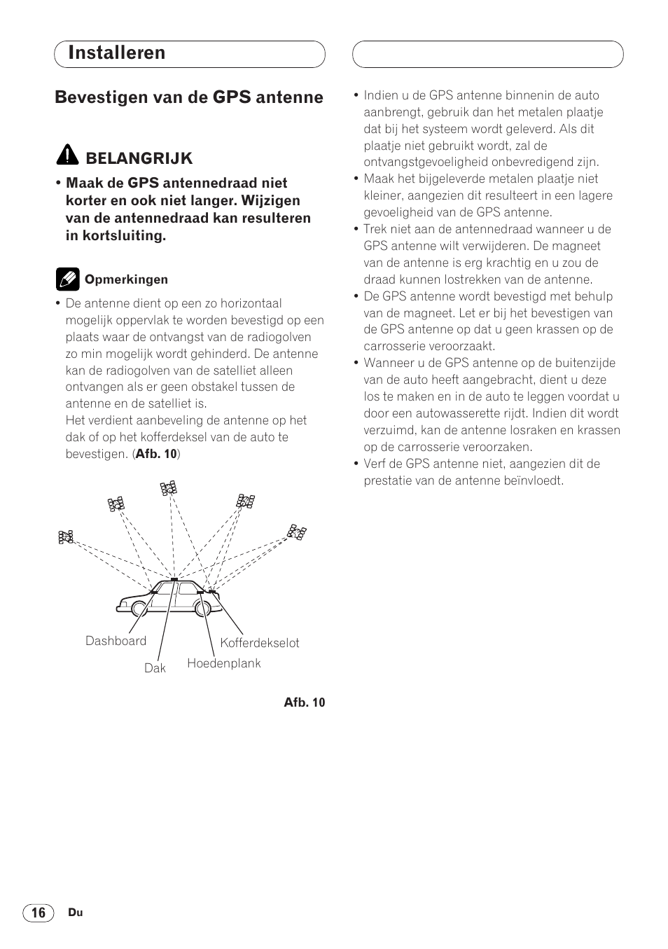 Bevestigen van de gps antenne 16, Installeren, Bevestigen van de gps antenne | Pioneer ANH-P9R-BK User Manual | Page 146 / 160