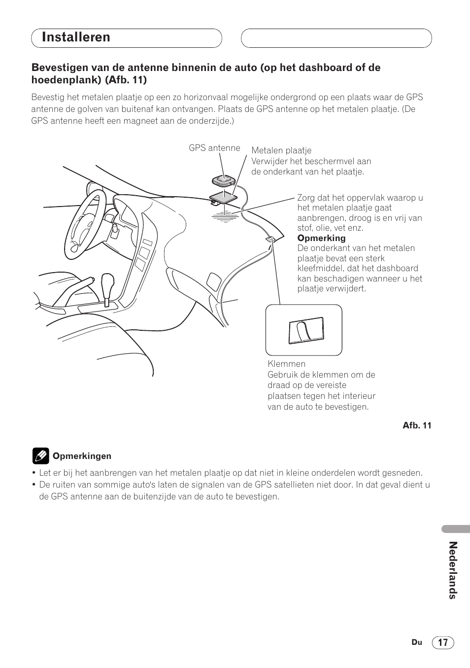 Bevestigen van de antenne binnenin de, Auto (op het dashboard of de hoedenplank) 17, Installeren | Pioneer ANH-P9R-BK User Manual | Page 147 / 160