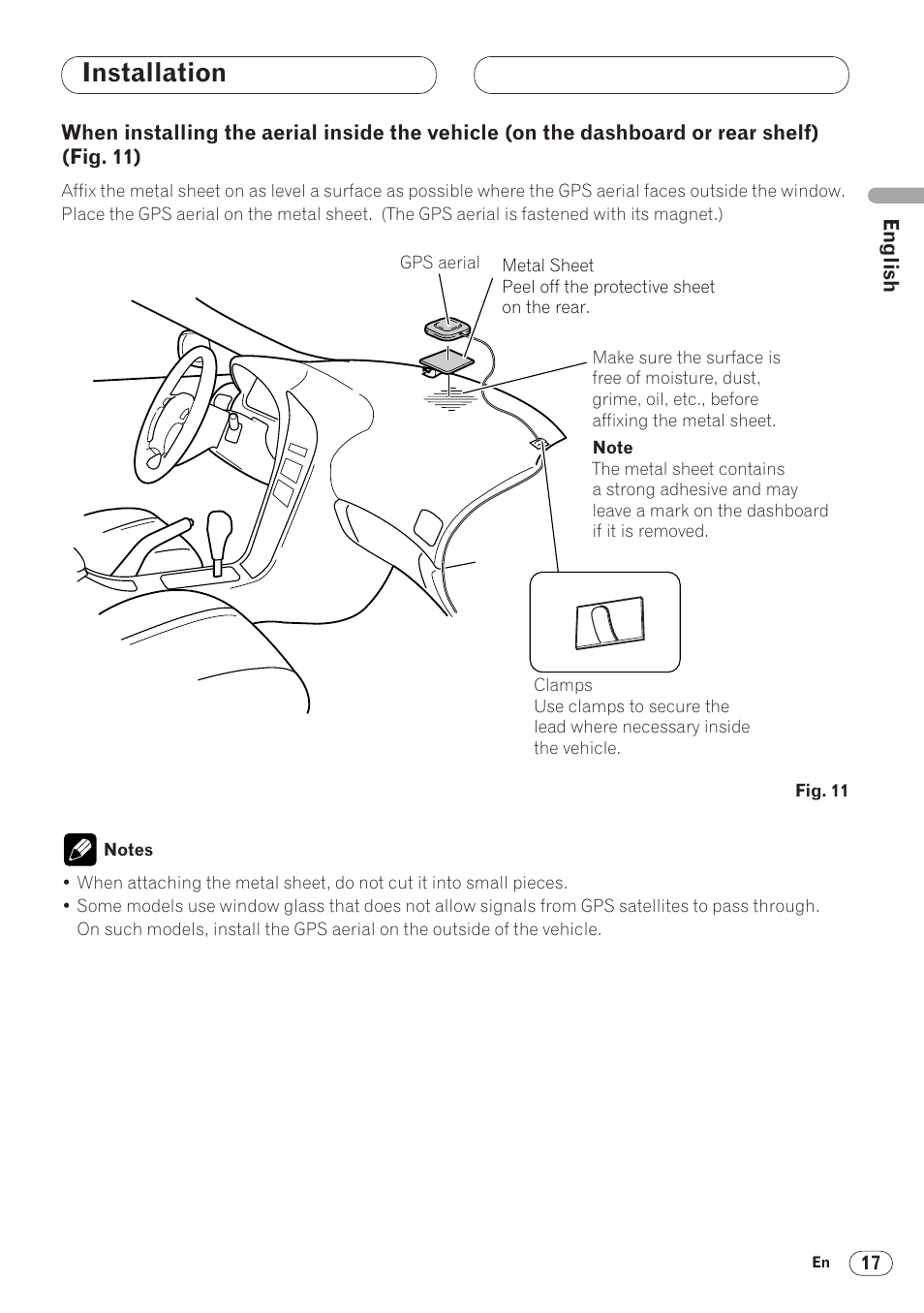 When installing the aerial inside the, Vehicle (on the dashboard or rear shelf) 17, Installation | Pioneer ANH-P9R-BK User Manual | Page 17 / 160