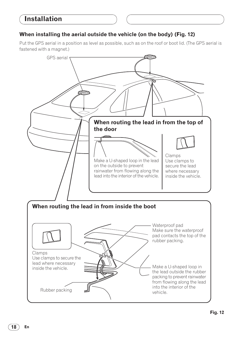 When installing the aerial outside the, Vehicle (on the body) 18, Installation | Pioneer ANH-P9R-BK User Manual | Page 18 / 160