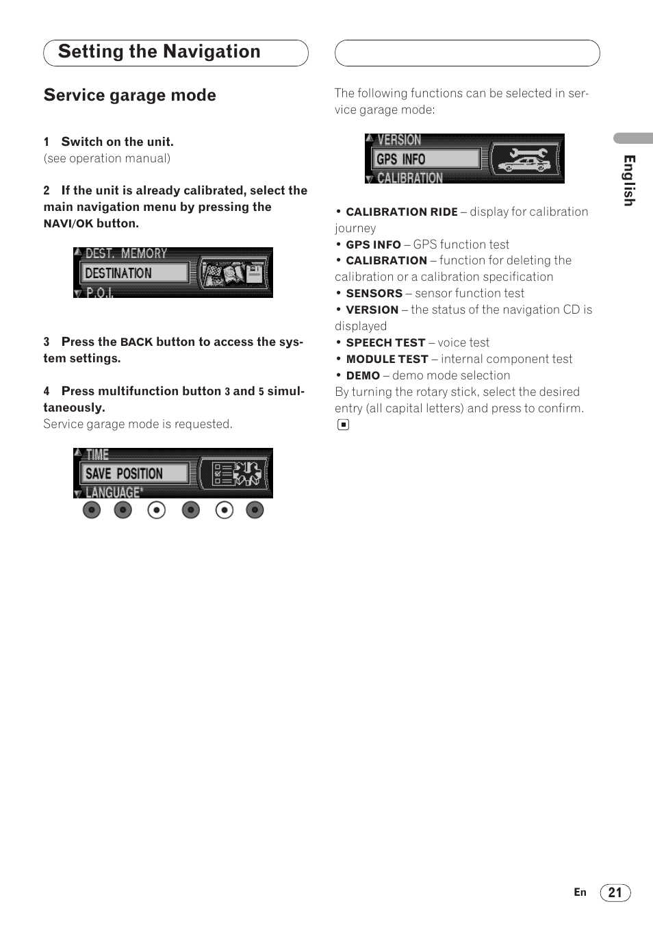 Service garage mode 21, Setting the navigation, Service garage mode | Pioneer ANH-P9R-BK User Manual | Page 21 / 160