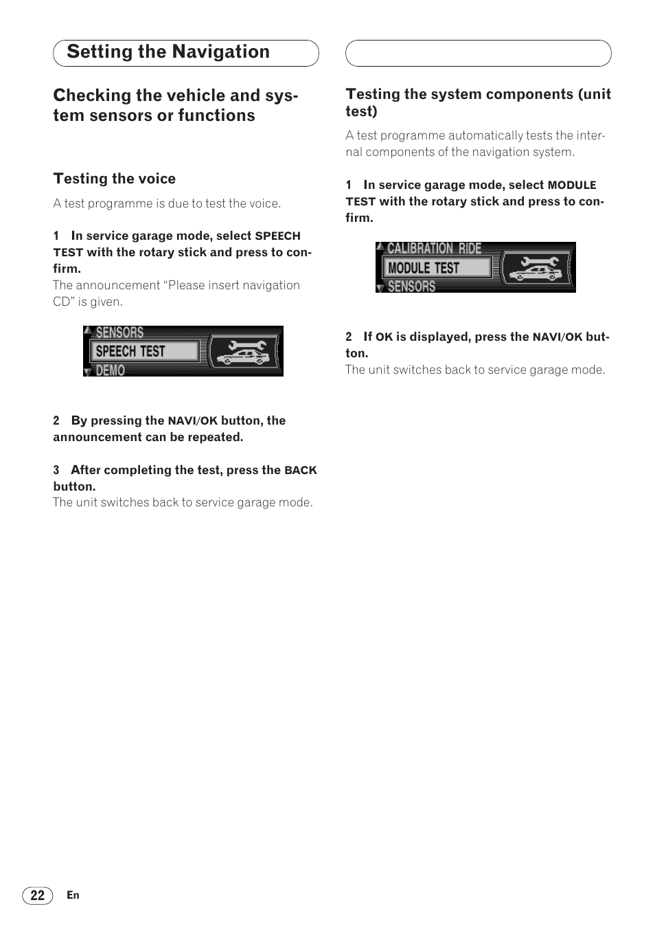 Checking the vehicle and system sensors or, Unit test) 22, Setting the navigation | Pioneer ANH-P9R-BK User Manual | Page 22 / 160
