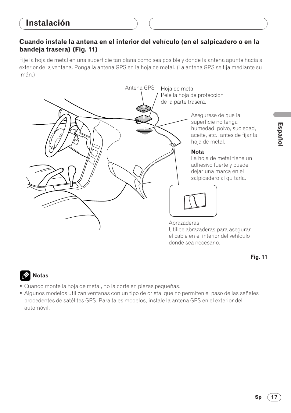 Cuando instale la antena en el interior, Instalación | Pioneer ANH-P9R-BK User Manual | Page 43 / 160