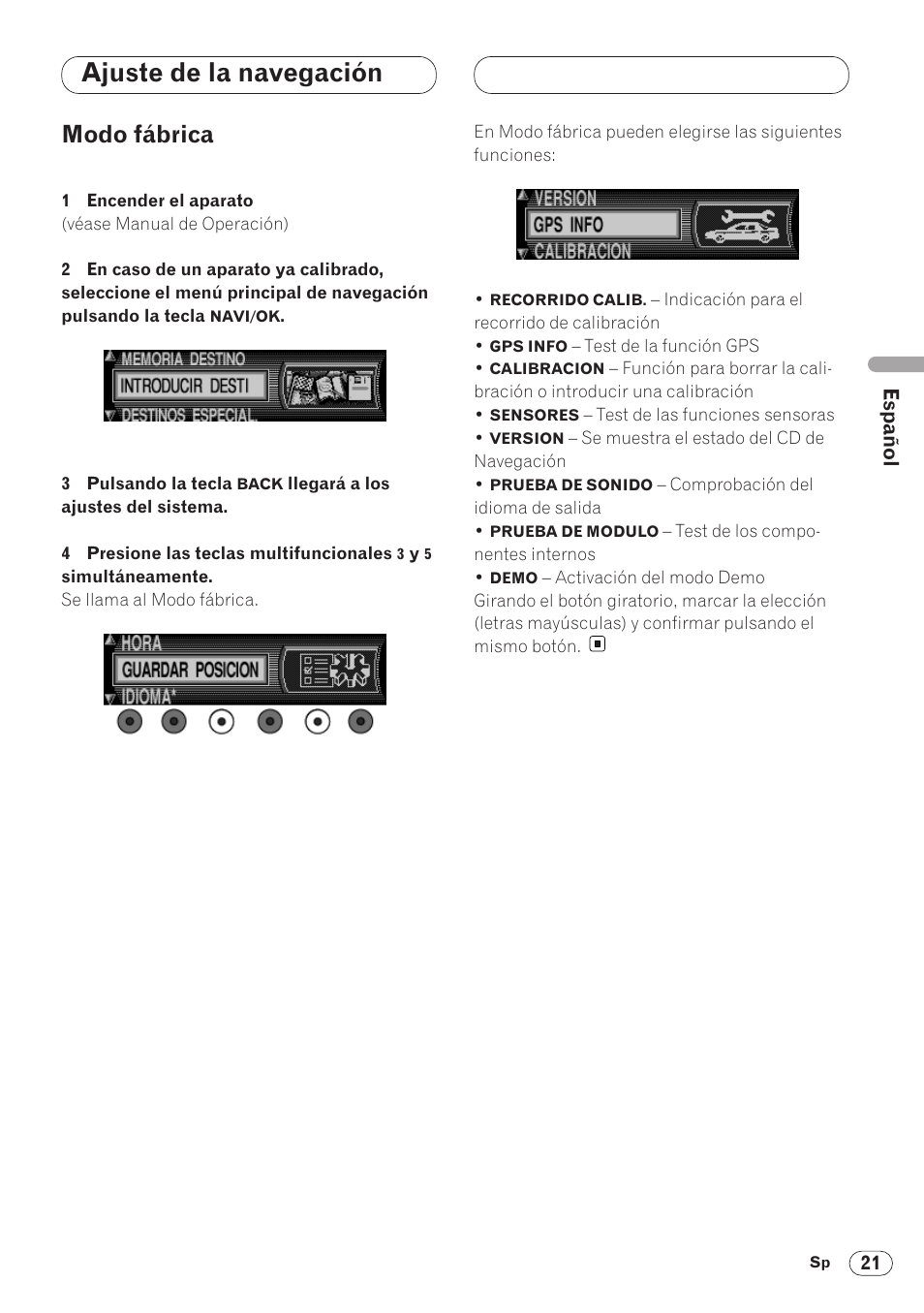 Modo fábrica 21, Ajuste de la navegación, Modo fábrica | Pioneer ANH-P9R-BK User Manual | Page 47 / 160