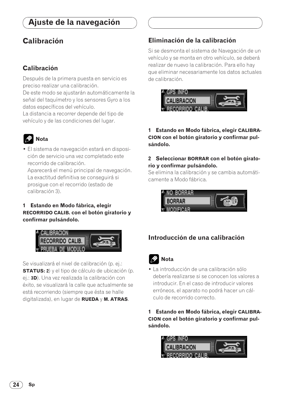 Calibración 24, Ajuste de la navegación, Calibración | Pioneer ANH-P9R-BK User Manual | Page 50 / 160