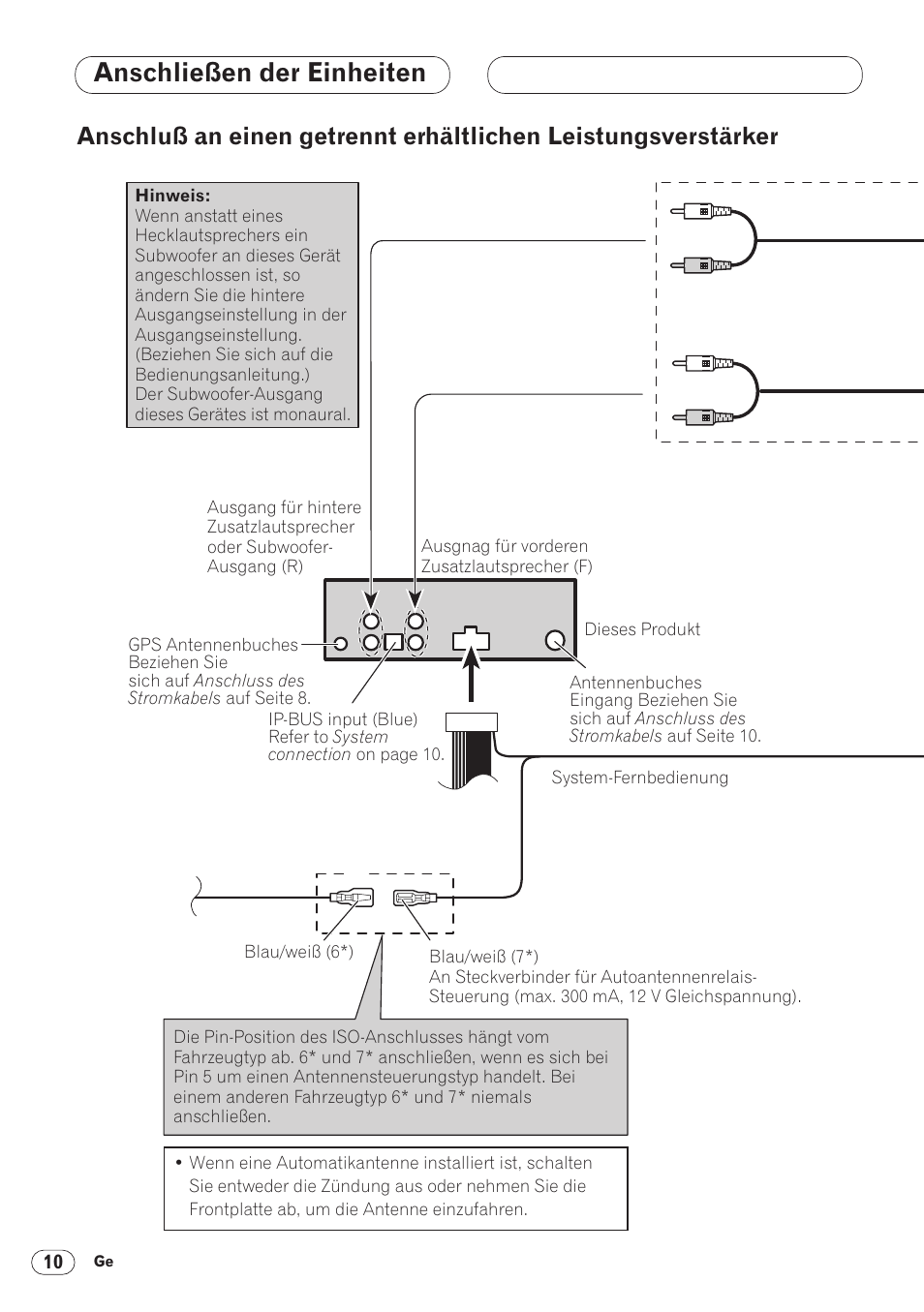 Anschluß an einen getrennt erhältlichen, Leistungsverstärker 10, Anschließen der einheiten | Pioneer ANH-P9R-BK User Manual | Page 62 / 160