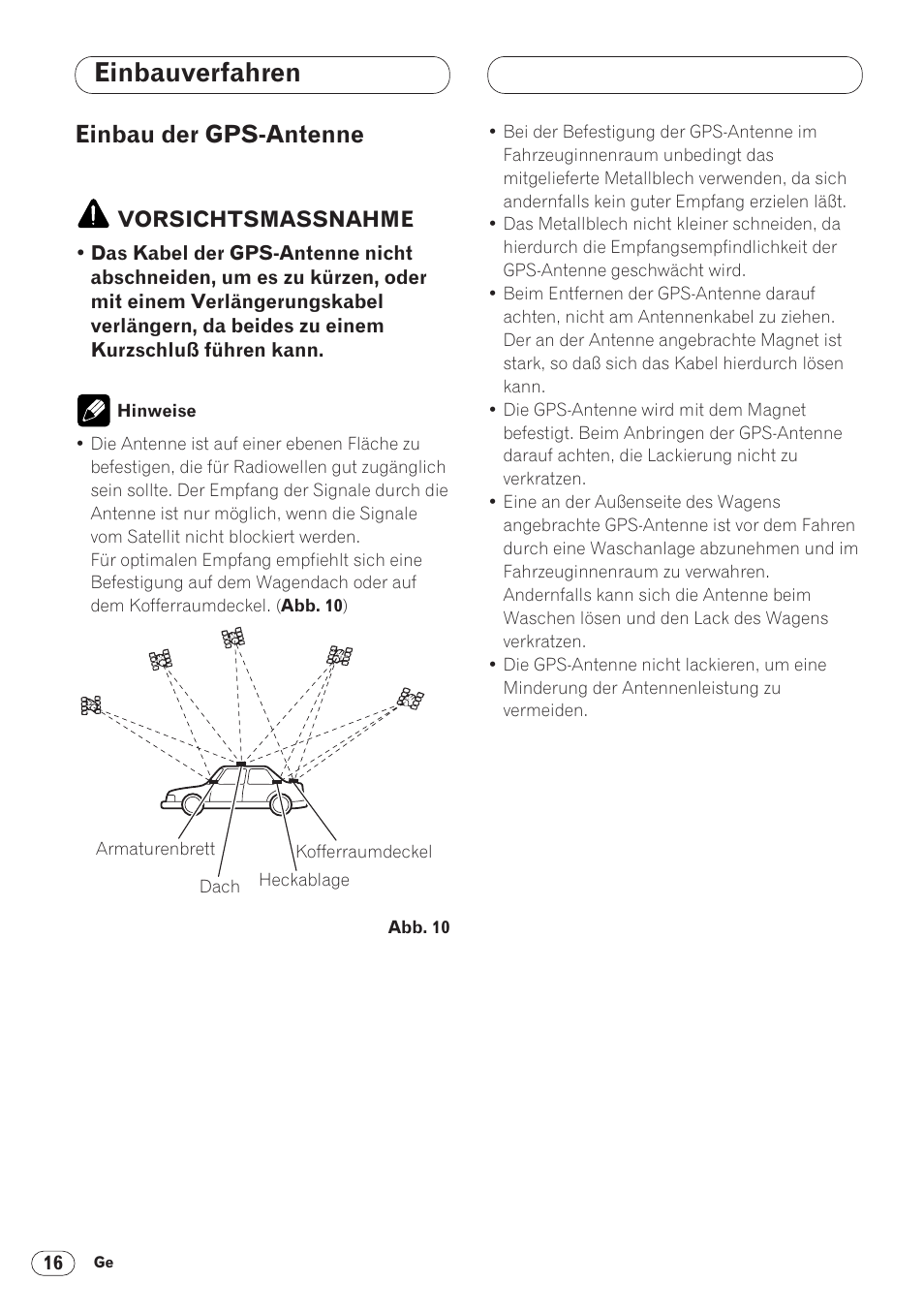 Einbau der gps-antenne 16, Einbauverfahren, Einbau der gps-antenne | Pioneer ANH-P9R-BK User Manual | Page 68 / 160