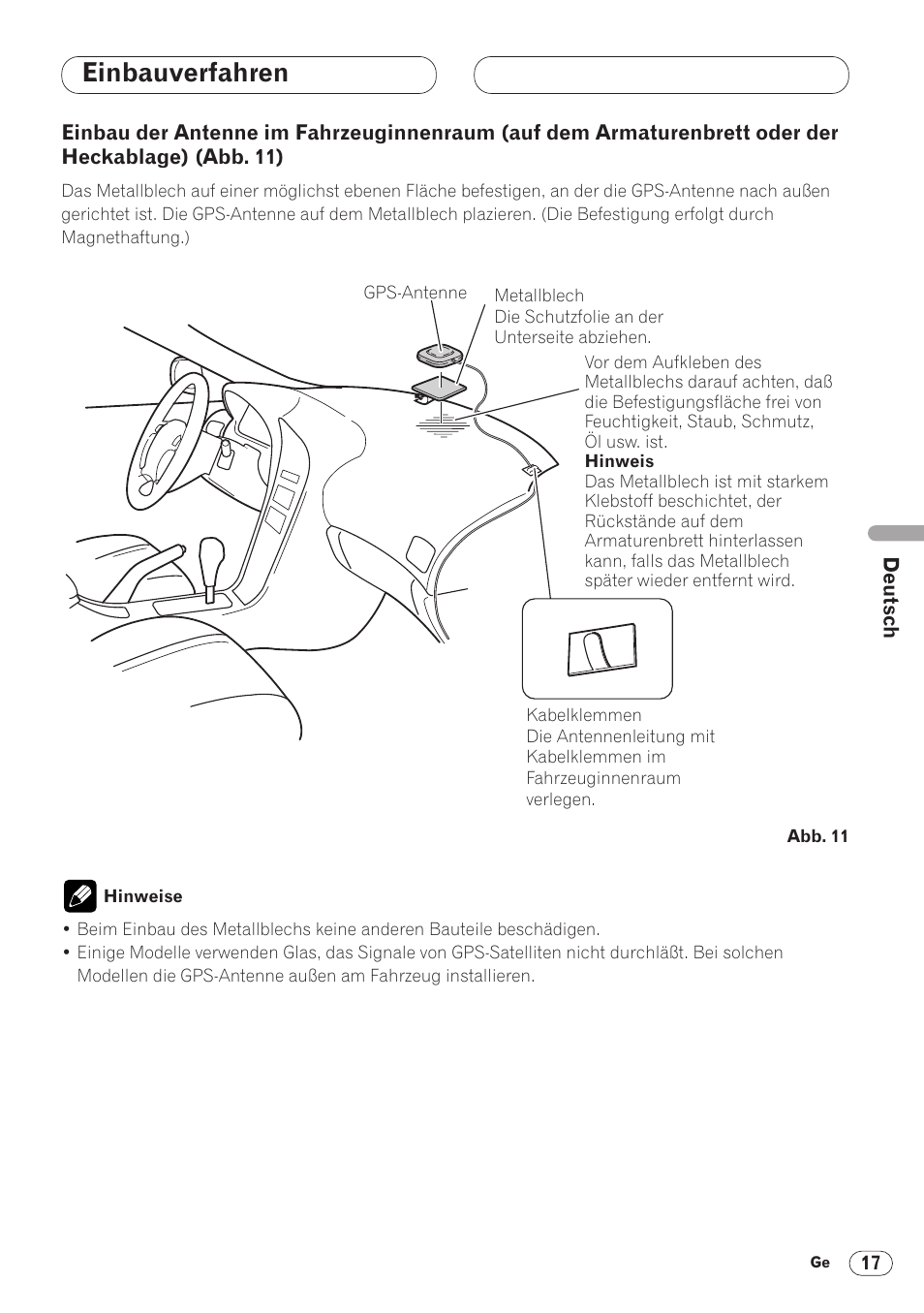 Einbau der antenne im, Einbauverfahren | Pioneer ANH-P9R-BK User Manual | Page 69 / 160