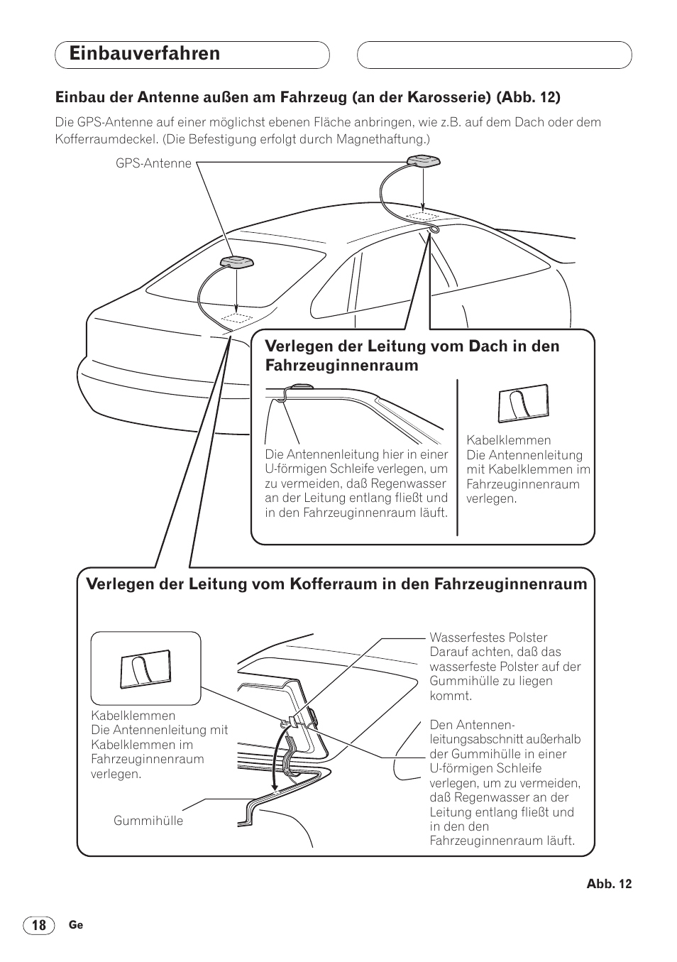 Einbau der antenne außen am, Fahrzeug (an der karosserie) 18, Einbauverfahren | Pioneer ANH-P9R-BK User Manual | Page 70 / 160