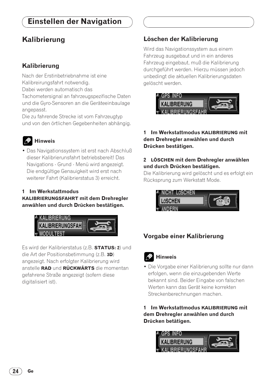 Kalibrierung 24, Einstellen der navigation, Kalibrierung | Pioneer ANH-P9R-BK User Manual | Page 76 / 160