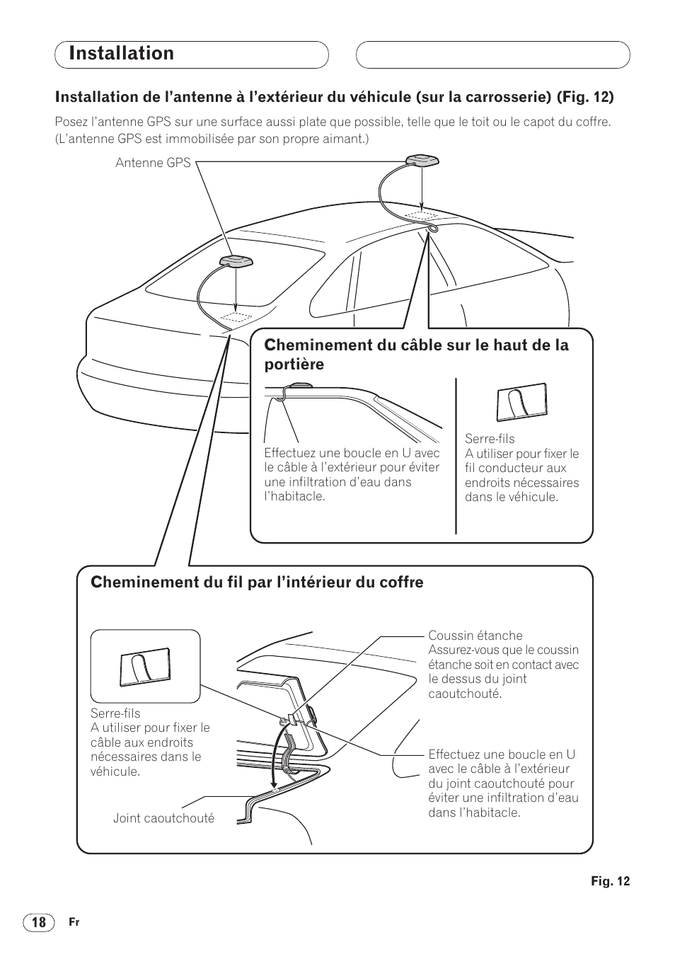 Installation de l’antenne à l’extérieur du, Véhicule (sur la carrosserie) 18, Installation | Pioneer ANH-P9R-BK User Manual | Page 96 / 160